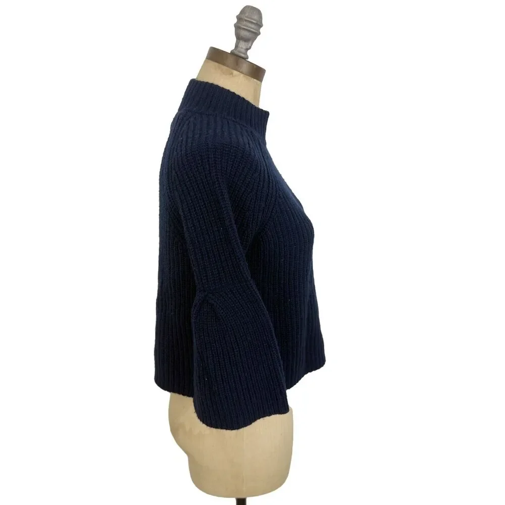 JOIE Cable Mock Neck Crop Sweater XXS Navy Blue Bell Sleeve Wool Cashmere EUC A4